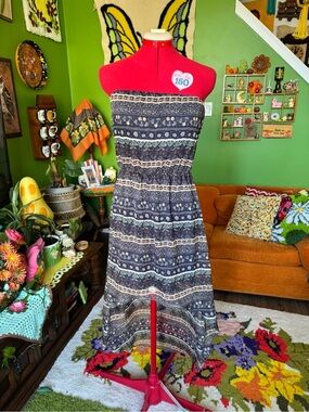 Boho High-Low Strapless Dress in Navy Floral